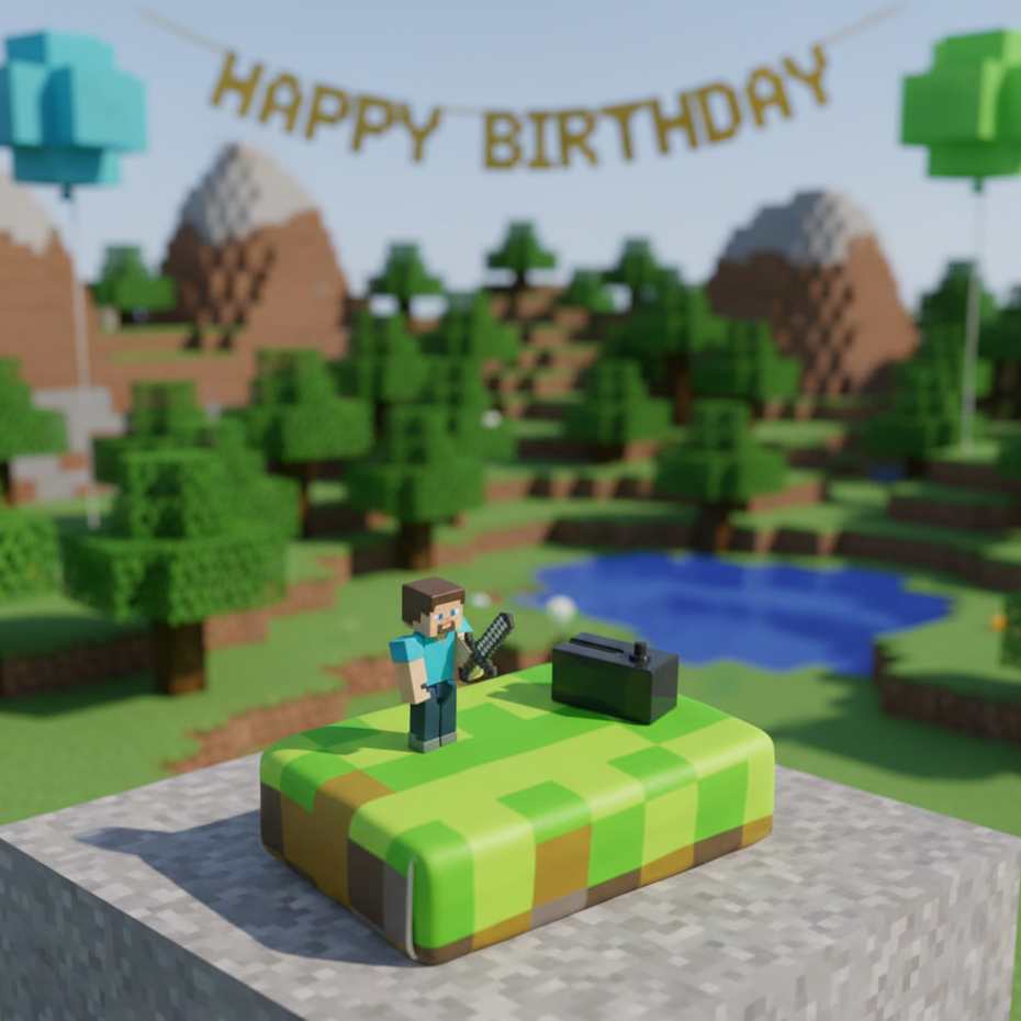 Minecraft®-figur på spelvärldstårta