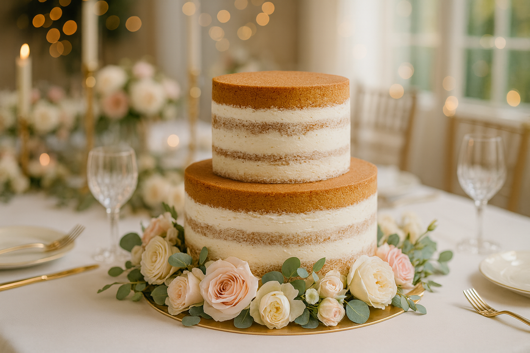 Naked Cake, bröllopstårta Vanilj/hallon