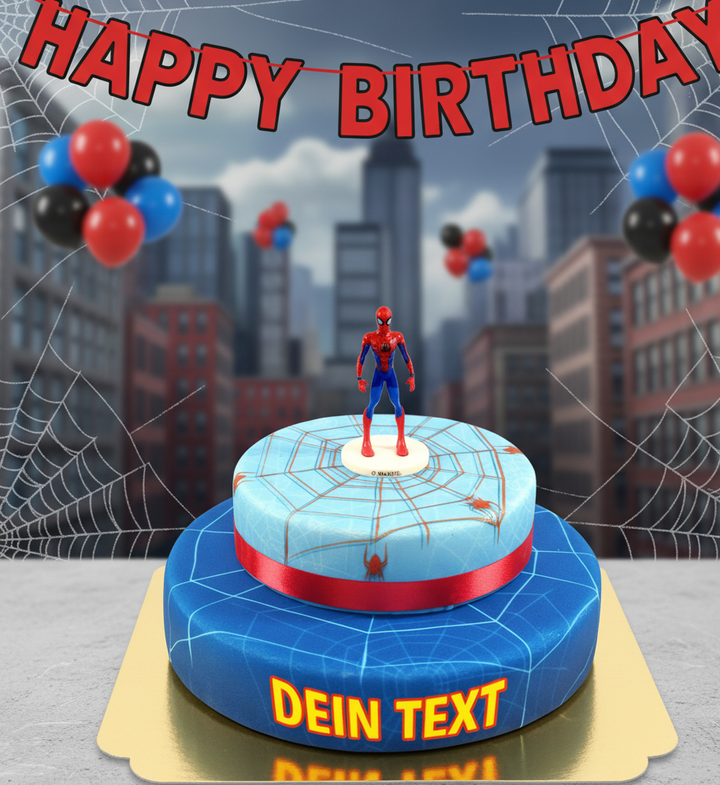 Spider-Man® auf zweistöckiger Spinnennetz-Torte mit Band