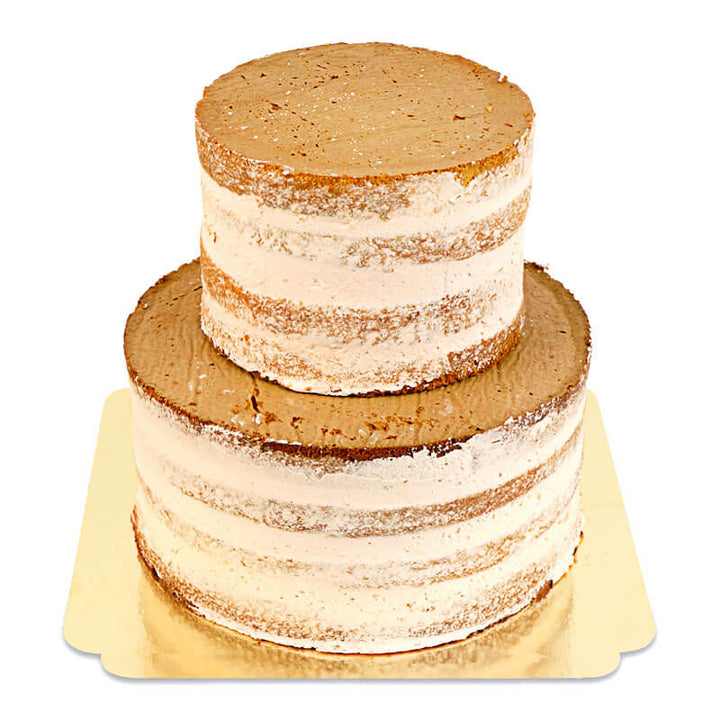 Naked Cake Persika-Passionsfrukt Bröllopstårta med kexcrunch