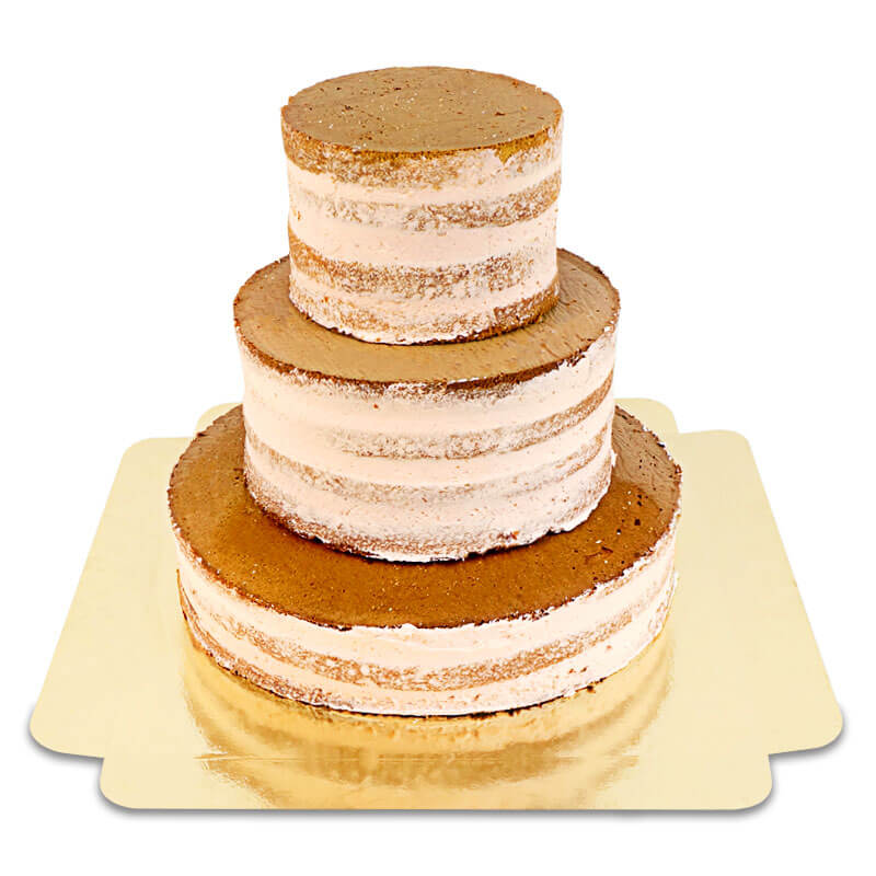 Naked Cake Persika-Passionsfrukt Bröllopstårta med kexcrunch