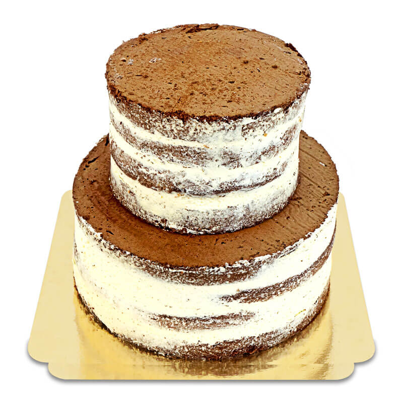 Naked cake choklad–vanilj bröllopstårta