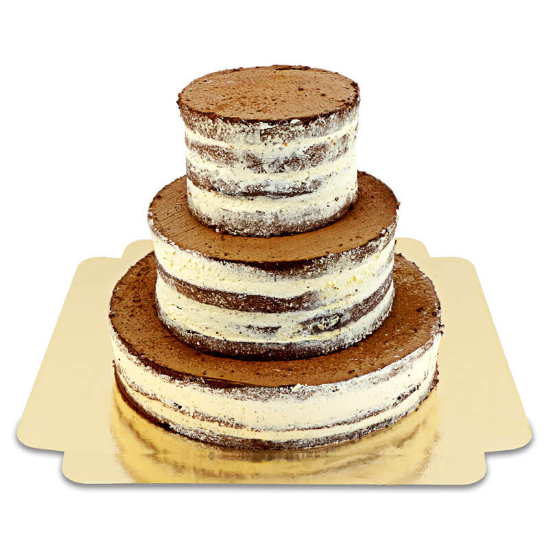 Naked cake choklad–vanilj bröllopstårta